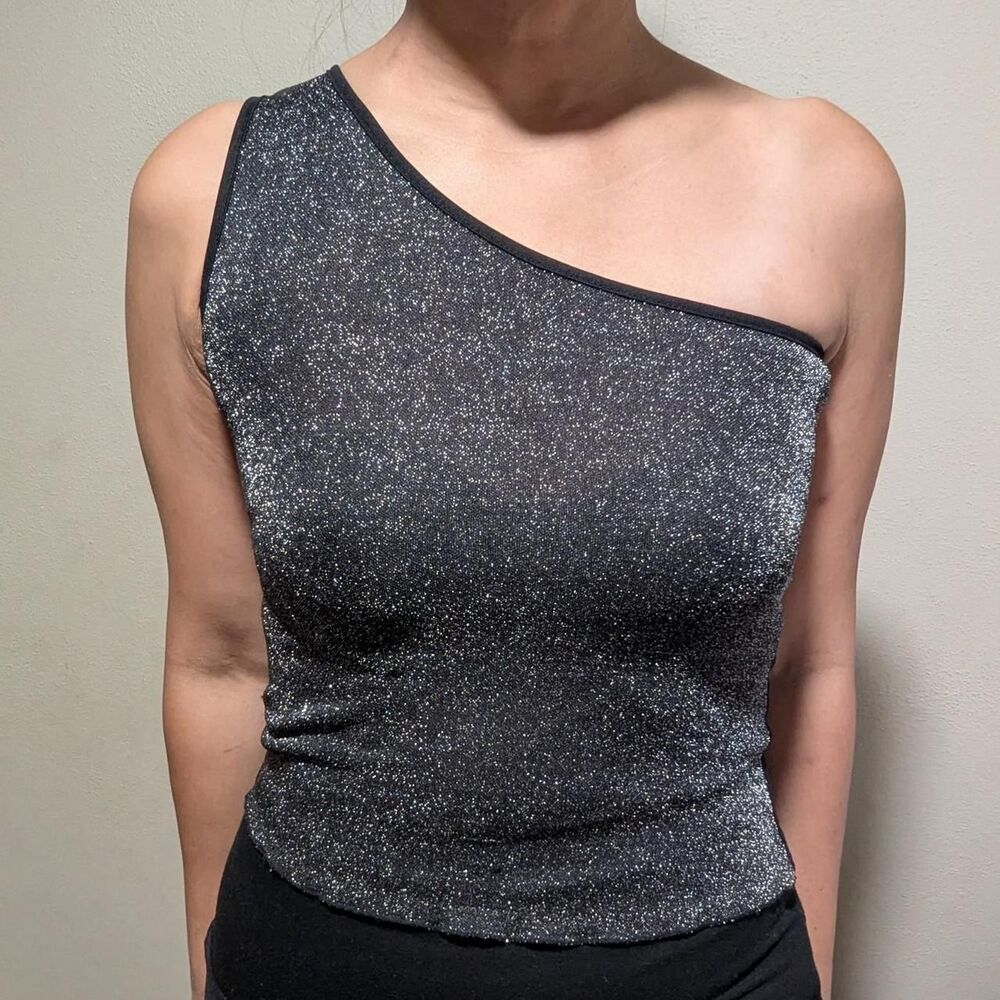 Vintage Women's Silver and Black One shoulder Party Top
